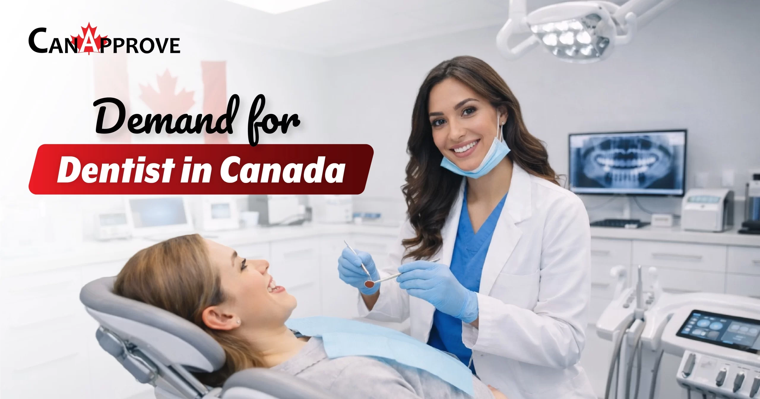 A female dentist wearing a white lab coat, blue scrubs, and gloves holds dental instruments while smiling at a patient reclined in a dental chair. A dental X-ray is visible on a monitor in the background. Text overlay reads 'Demand for Dentist in Canada' with the CanApprove logo in the top left corner.