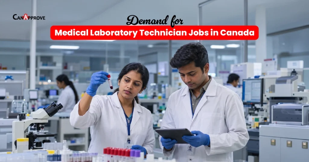 Two lab technicians in white coats examining a blood sample, illustrating demand for medical laboratory technician jobs in Canada