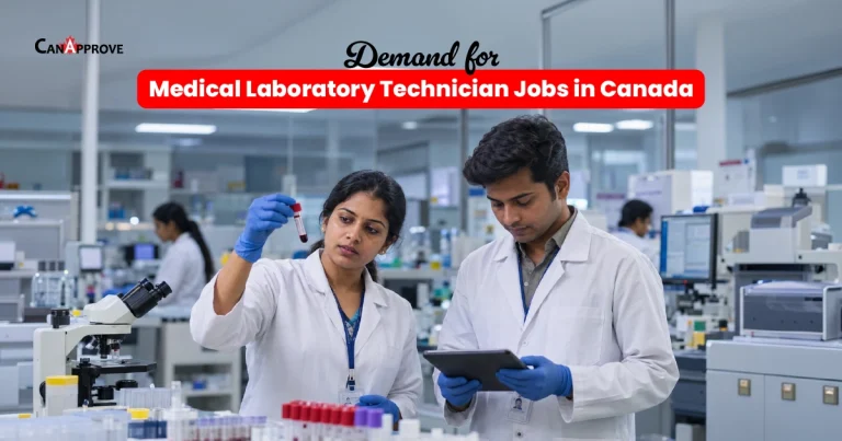 Two lab technicians in white coats examining a blood sample, illustrating demand for medical laboratory technician jobs in Canada