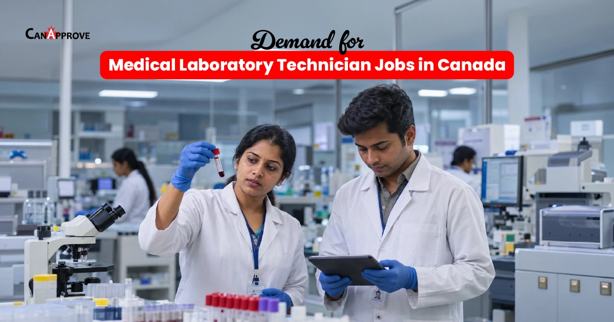 Two lab technicians in white coats examining a blood sample, illustrating demand for medical laboratory technician jobs in Canada