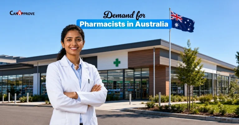 Pharmacist standing in front of a pharmacy in Australia with text reading ‘Demand for Pharmacists in Australia.