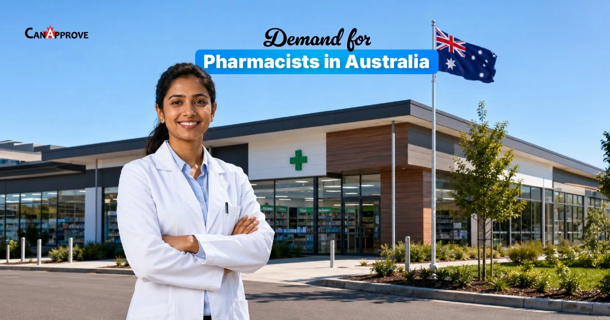 Pharmacist standing in front of a pharmacy in Australia with text reading ‘Demand for Pharmacists in Australia.