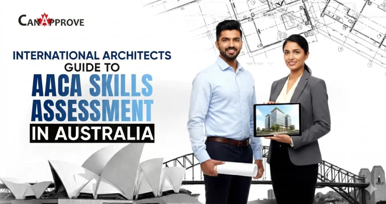 Two professional Indian architects standing confidently with building plans and a tablet displaying an architectural design, with Sydney Opera House and Harbour Bridge in the background. Text on image reads: ‘Indian Architects Guide to AACA Skills Assessment in Australia – CanApprove