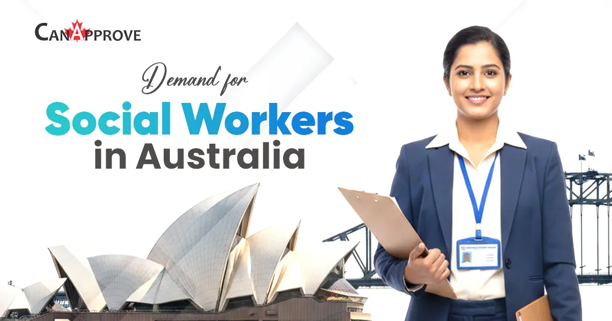 A professional female social worker in formal attire holding a clipboard, smiling with the Sydney Opera House and Harbour Bridge in the background, promoting the high demand for social workers in Australia for CanApprove.