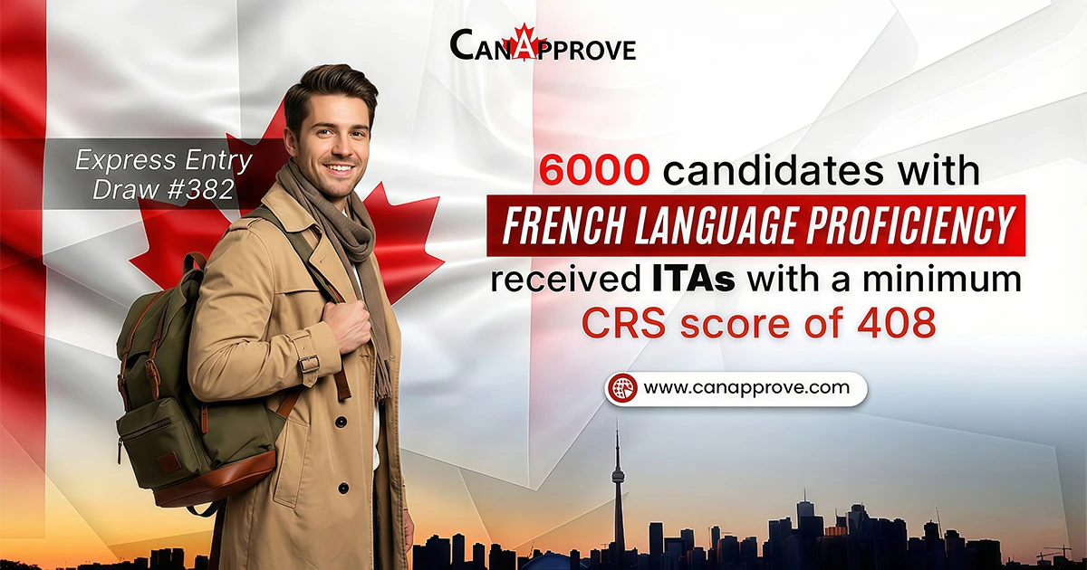 A smiling man wearing a beige coat and backpack stands in front of a large Canadian flag backdrop. The text on the image reads: “Express Entry Draw 382. 6000 candidates with French Language Proficiency received ITAs with a minimum CRS score of 408.” The CanApprove logo appears at the top, and the website link is displayed at the bottom, with a silhouette of a Canadian city skyline beneath.