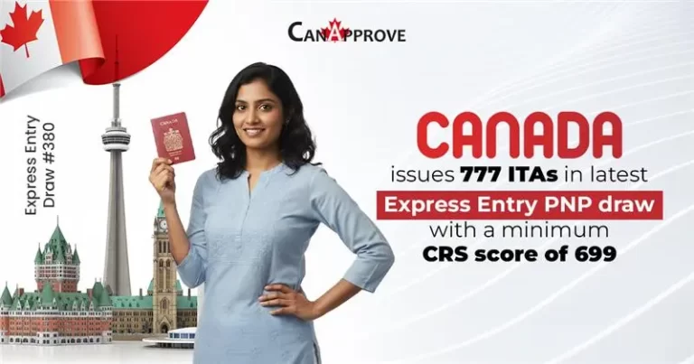 A smiling woman holding a Canadian passport stands in front of illustrations of Canadian landmarks, including the CN Tower and Parliament buildings. Text reads: “Canada issues 777 ITAs in latest Express Entry PNP draw with a minimum CRS score of 699 – Express Entry Draw #380.” CanApprove logo appears at the top.