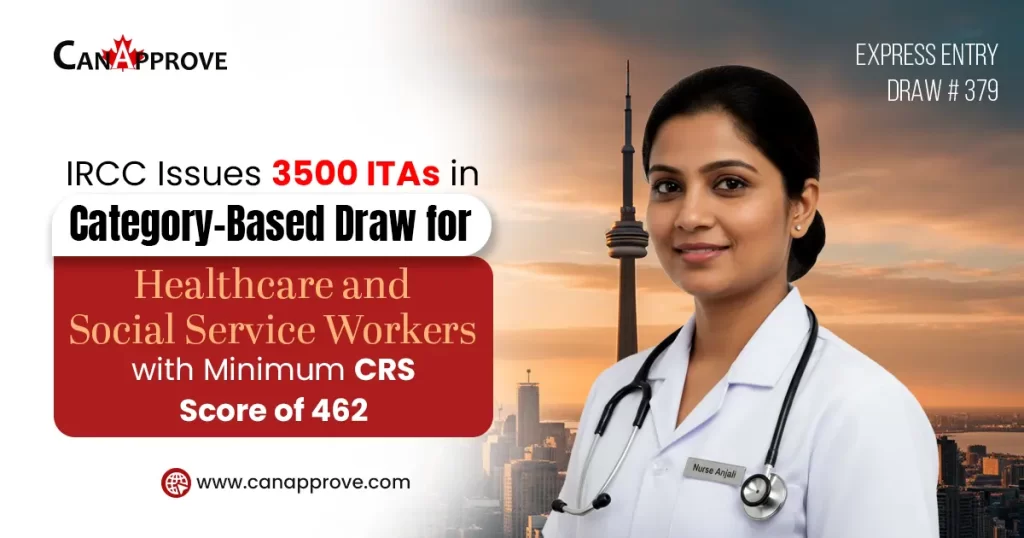 IRCC issues 3,500 ITAs in Express Entry Draw 379 for Healthcare and Social Service Workers with a minimum CRS score of 462, featuring a nurse with Toronto skyline in the background.