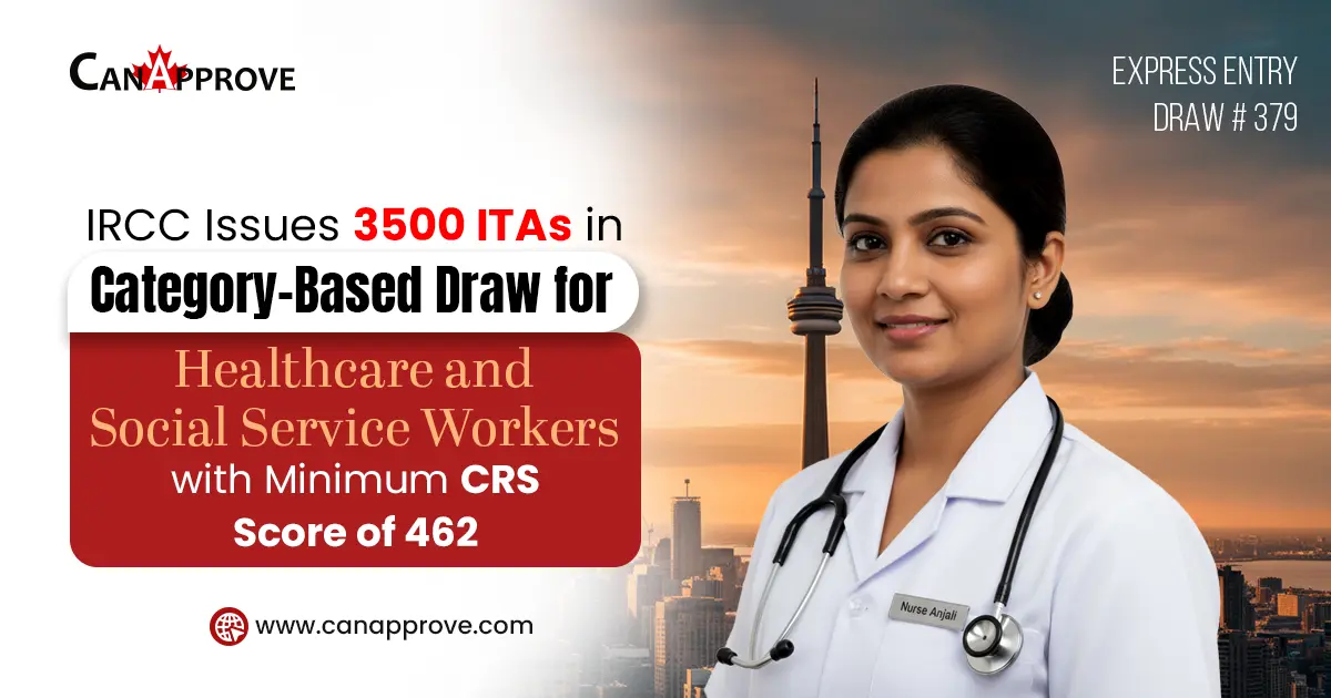 IRCC issues 3,500 ITAs in Express Entry Draw 379 for Healthcare and Social Service Workers with a minimum CRS score of 462, featuring a nurse with Toronto skyline in the background.