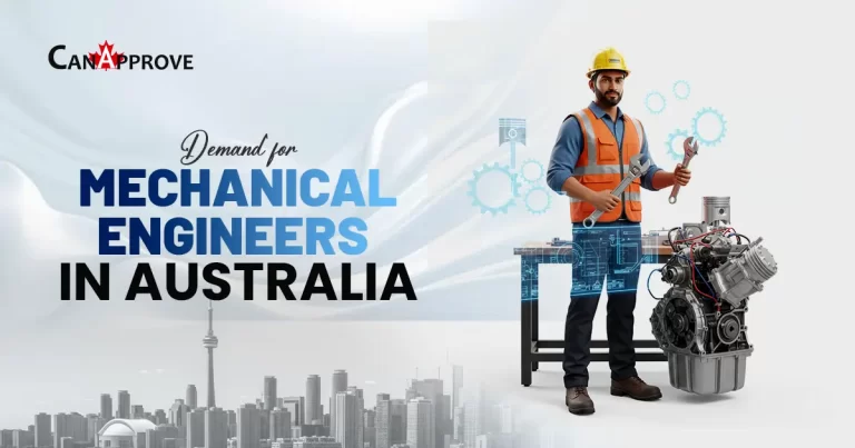 CanApprove banner highlighting the demand for mechanical engineers in Australia, featuring a mechanical engineer in safety gear holding tools, an engine model, and engineering graphics against an Australian city skyline background.