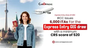 A smiling woman holding a passport and documents stands in front of a Canada skyline featuring the CN Tower and Parliament buildings. A flying airplane and the CanApprove logo appear above her. Text reads: “Express Entry Draw 384 – IRCC Issues 6,000 ITAs for the Express Entry CEC draw with a minimum CRS score of 520.
