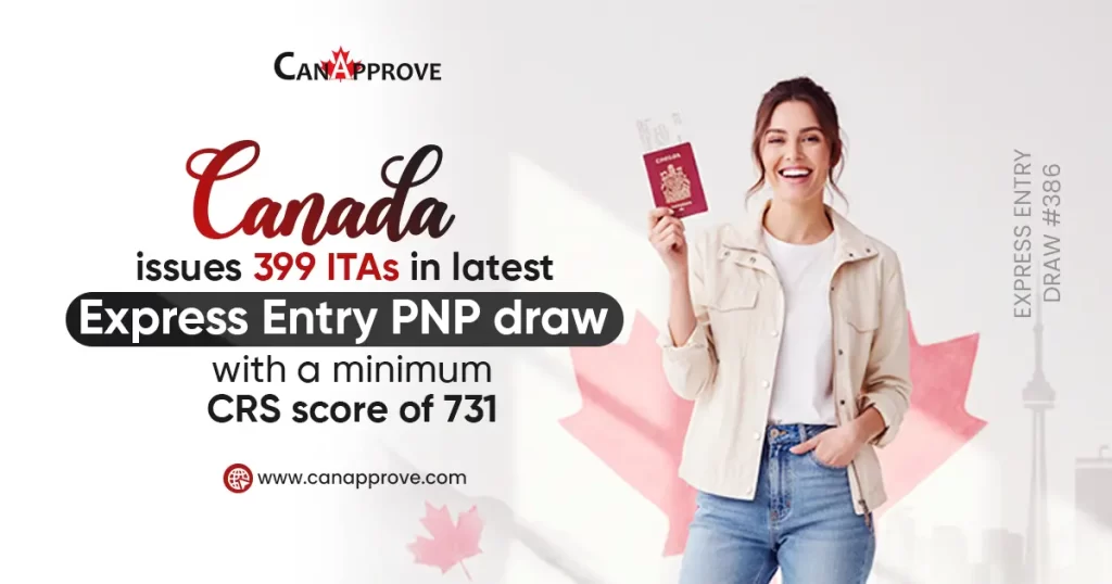 Smiling woman in beige jacket holding Canadian passport and boarding pass. Text reads: Canada issues 399 ITAs in latest Express Entry PNP draw with a minimum CRS score of 731. With Express entry draw 386