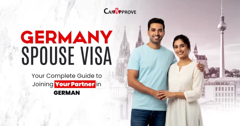 Smiling Indian couple standing together in front of iconic Germany landmarks, with the text ‘Germany Spouse Visa – Your Complete Guide to Joining Your Partner in Germany’ and the CanApprove logo displayed.