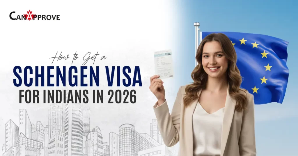 A woman holding a Schengen visa document beside the European Union flag, promoting how Indians can get a Schengen Visa in 2026.