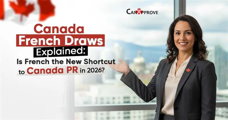 Canada French draws explained banner showing a professional consultant pointing to text about French as a shortcut to Canada PR in 2026