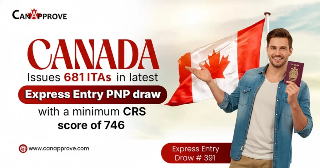 CanApprove promotional banner announcing Canada Express Entry PNP Draw #391, issuing 681 ITAs with a minimum CRS score of 746, featuring a man holding a Canadian passport and flag.