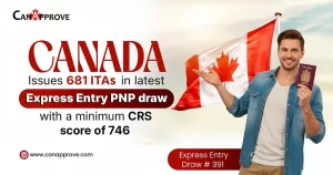 CanApprove promotional banner announcing Canada Express Entry PNP Draw #391, issuing 681 ITAs with a minimum CRS score of 746, featuring a man holding a Canadian passport and flag.