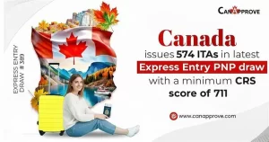 Canada Express Entry Draw 389 announcement showing 574 ITAs issued under the Provincial Nominee Program (PNP) with a minimum CRS score of 711, featuring Canadian flag, travel theme, and CanApprove branding.
