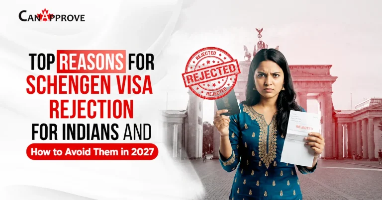 Top reasons for Schengen visa rejection for Indians in 2027, featuring a woman holding a passport and rejected visa notice.