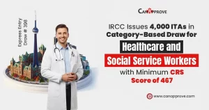Banner announcing Express Entry Draw #398: IRCC issues 4,000 ITAs in a category-based draw for healthcare and social service workers with a minimum CRS score of 467, featuring a male doctor and Toronto skyline, by CanApprove.