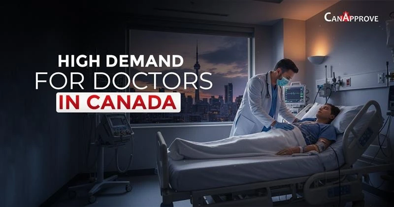 Doctor treating a patient in a hospital room with city skyline view and text “High Demand for Doctors in Canada”.