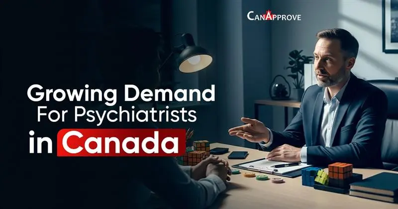 Growing demand for psychiatrists in Canada illustrated by a psychiatrist consulting a patient in a clinical setting