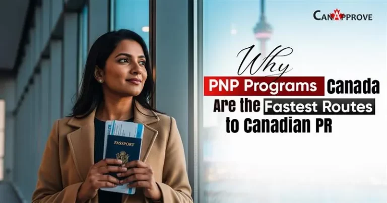 Professional woman holding passport at airport representing PNP Programs Canada as a fast route to Canadian PR