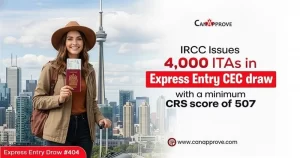 Woman traveler holding passport in front of Toronto skyline with text ‘IRCC issues 4,000 ITAs in Express Entry CEC draw with CRS score 507 – Express Entry Draw #404’ by CanApprove.