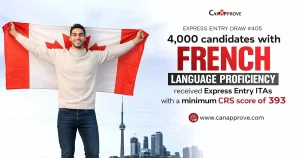 Man holding a Canadian flag with skyline background, promoting Express Entry Draw #405 where 4,000 candidates with French language proficiency received ITAs with a minimum CRS score of 393, by CanApprove.