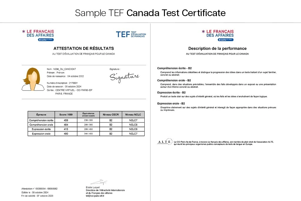 Sample certificate for Tef canada exam