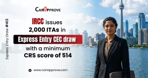 Canada Express Entry Draw 413 update showing IRCC issuing 2,000 ITAs under Canadian Experience Class with minimum CRS score 514, featuring professional woman with Toronto skyline and CN Tower in background, CanApprove immigration consultancy branding