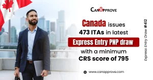 Canada Express Entry PNP Draw 412 – 473 ITAs issued with CRS score 795 | CanApprove immigration update banner featuring professional holding laptop in city skyline background