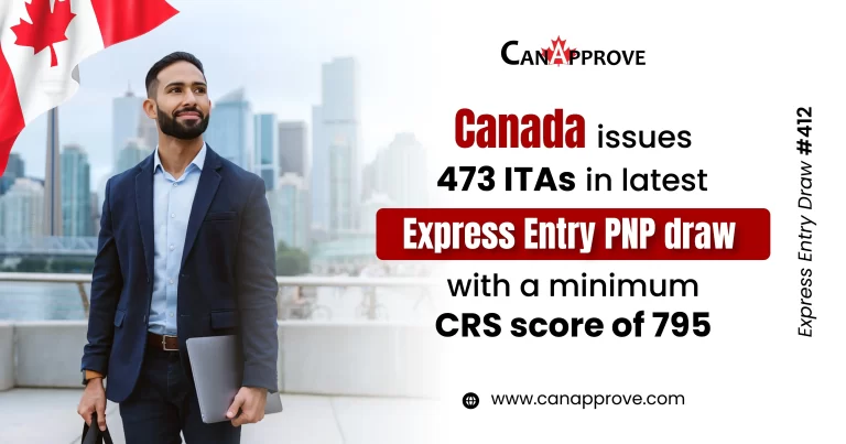 Canada Express Entry PNP Draw 412 – 473 ITAs issued with CRS score 795 | CanApprove immigration update banner featuring professional holding laptop in city skyline background
