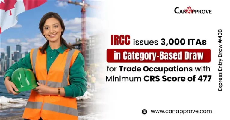 A smiling construction worker wearing a safety vest and holding a green helmet stands in front of a city construction site with a Canadian flag in the background. Text on the image reads: “IRCC issues 3,000 ITAs in Category-Based Draw for Trade Occupations with Minimum CRS Score of 477 – Express Entry Draw #408,” along with the CanApprove logo and website.