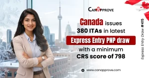 Woman standing confidently with Toronto skyline background and CanApprove branding promoting Canada Express Entry PNP Draw #415, which issued 380 ITAs with a minimum CRS score of 798.