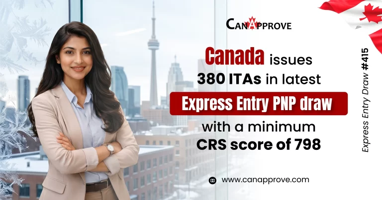 Woman standing confidently with Toronto skyline background and CanApprove branding promoting Canada Express Entry PNP Draw #415, which issued 380 ITAs with a minimum CRS score of 798.