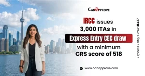 Professional woman standing in front of the Toronto skyline with CN Tower, promoting Canada Express Entry CEC draw update by CanApprove. IRCC issued 3,000 ITAs with a minimum CRS score of 518 in Express Entry Draw 417.