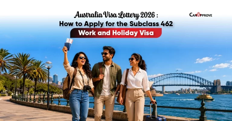 Indian young professionals celebrating with passport after getting Australia Work and Holiday Visa Subclass 462 in Sydney