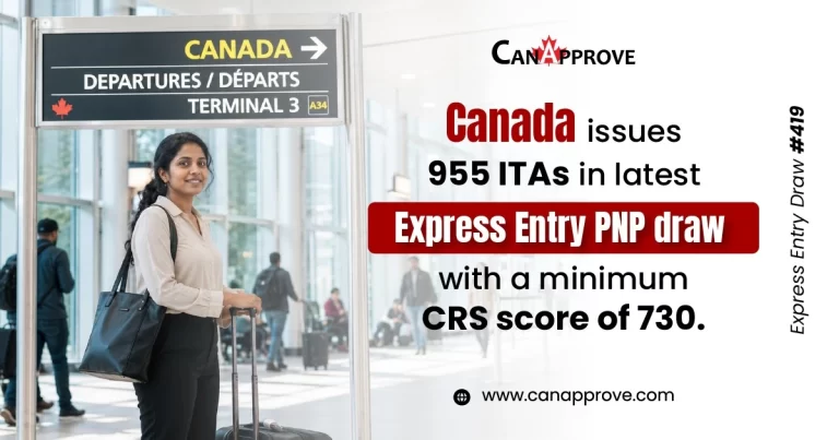 Promotional graphic by CanApprove announcing Canada Express Entry Draw #419. The image shows a woman with luggage standing in an airport terminal beneath a sign pointing to Canada. The text states that Canada issued 955 Invitations to Apply (ITAs) in the latest Provincial Nominee Program (PNP) Express Entry draw, with a minimum Comprehensive Ranking System (CRS) score of 730. The CanApprove logo and website are displayed on the graphic.