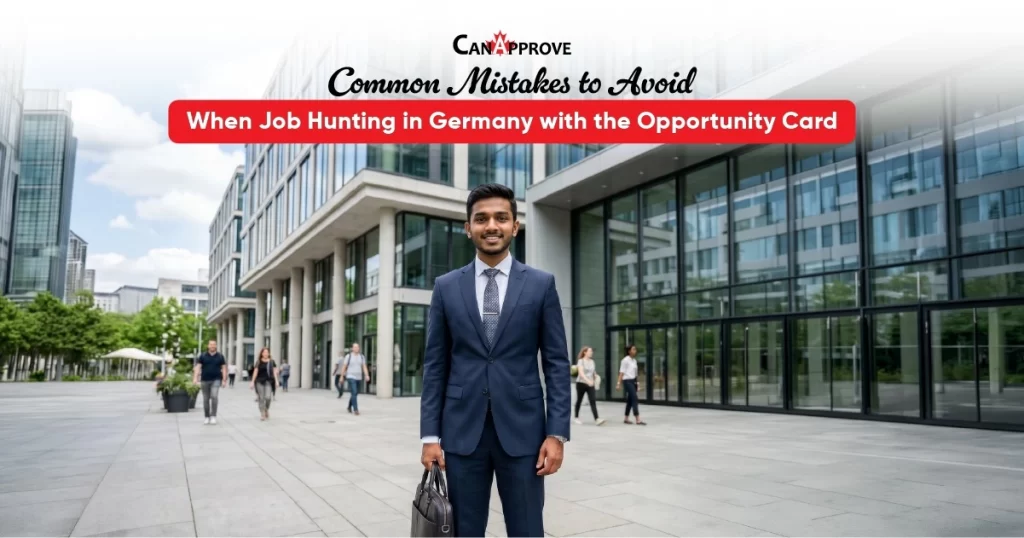 A skilled professional job hunting in Germany with the Opportunity Card standing confidently in a German business district