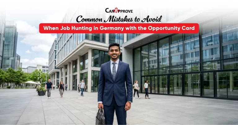 A skilled professional job hunting in Germany with the Opportunity Card standing confidently in a German business district