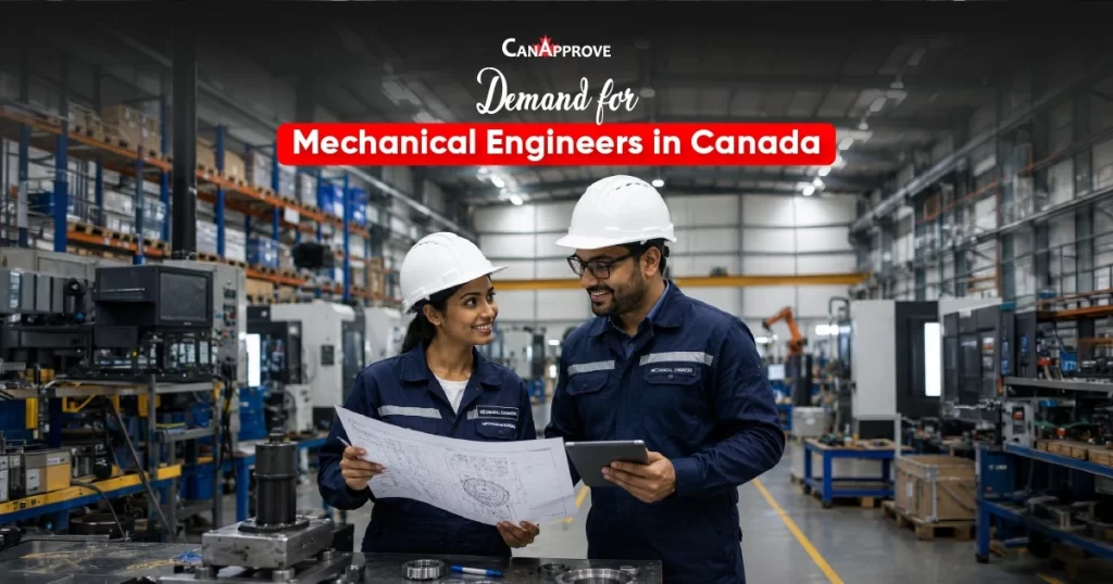 Two mechanical engineers analyzing engineering plans in an advanced manufacturing plant, representing career opportunities and demand for mechanical engineers in Canada.
