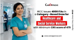 IRCC Express Entry Draw 422 issues 4,000 ITAs for Healthcare and Social Services workers with a minimum CRS score of 475, featured in a CanApprove news graphic with a healthcare professional.