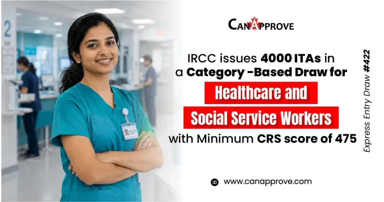 IRCC Express Entry Draw 422 issues 4,000 ITAs for Healthcare and Social Services workers with a minimum CRS score of 475, featured in a CanApprove news graphic with a healthcare professional.