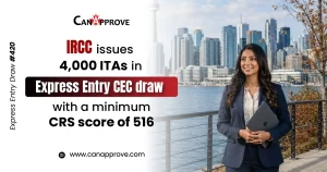 CanApprove promotional graphic highlighting Canada Express Entry Draw #420. The banner announces that IRCC issued 4,000 Invitations to Apply (ITAs) in a Canadian Experience Class (CEC) draw with a minimum CRS score of 516. The design features the CanApprove logo, Toronto skyline, and a professional woman standing by the waterfront holding a laptop.