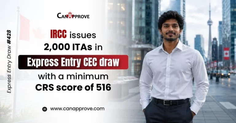 Promotional graphic announcing IRCC Express Entry Draw #428, where 2,000 ITAs were issued to Canadian Experience Class (CEC) candidates with a minimum CRS score of 516, featuring a professional standing against the Toronto skyline.