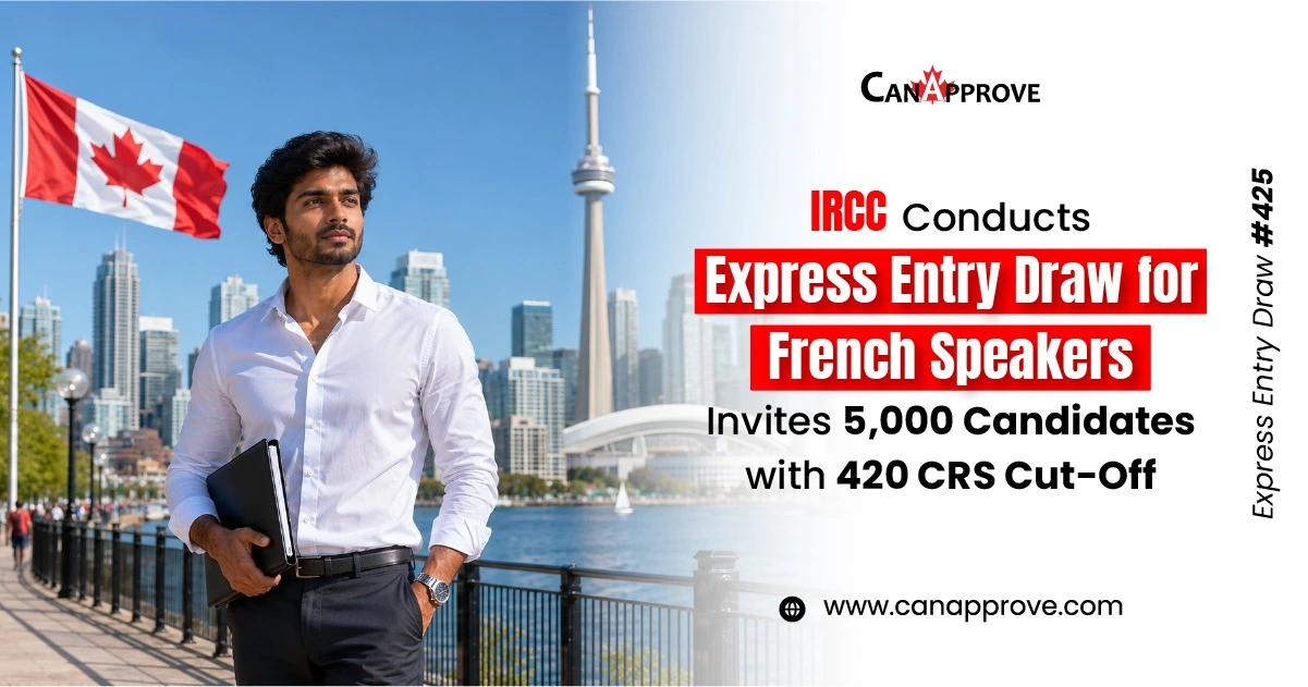 IRCC Express Entry Draw 425 announces 5,000 invitations for French-speaking candidates with a minimum CRS score of 420, featuring the Toronto skyline and Canadian flag.