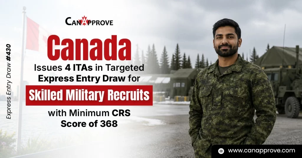 Canada Express Entry Draw #430 poster announcing 4 ITAs issued for Skilled Military Recruits with a minimum CRS score of 368, featuring a military recruit in uniform and the CanApprove logo.