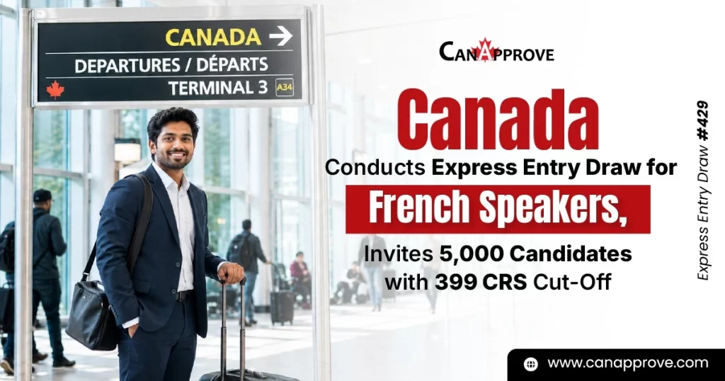 Promotional graphic for Express Entry Draw 429 featuring a traveler at a Canadian airport and announcing 5,000 invitations for French-speaking candidates with a 399 CRS score.