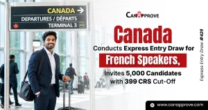 Promotional graphic for Express Entry Draw 429 featuring a traveler at a Canadian airport and announcing 5,000 invitations for French-speaking candidates with a 399 CRS score.