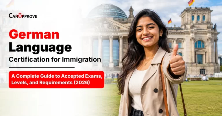 German language certification for immigration, featuring a woman in Germany with the Reichstag building in the background and text highlighting accepted exams, language levels, and requirements for 2026.